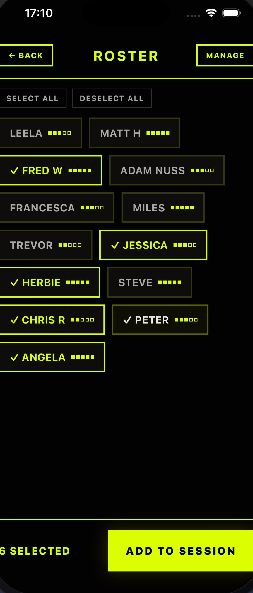Pickleball Rotator roster picker with selected players and skill ratings shown as neon dots
