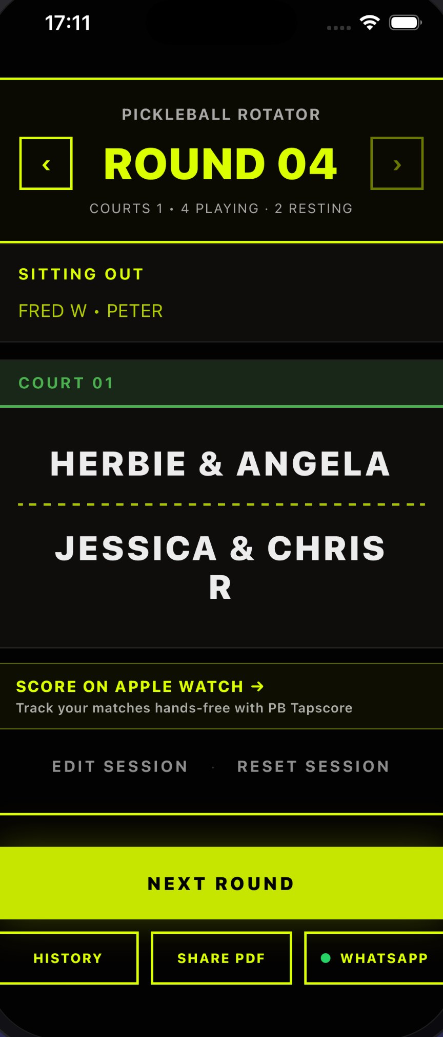 Pickleball Rotator round 04 results screen with navigation arrows, sitting out players and a colour coded court