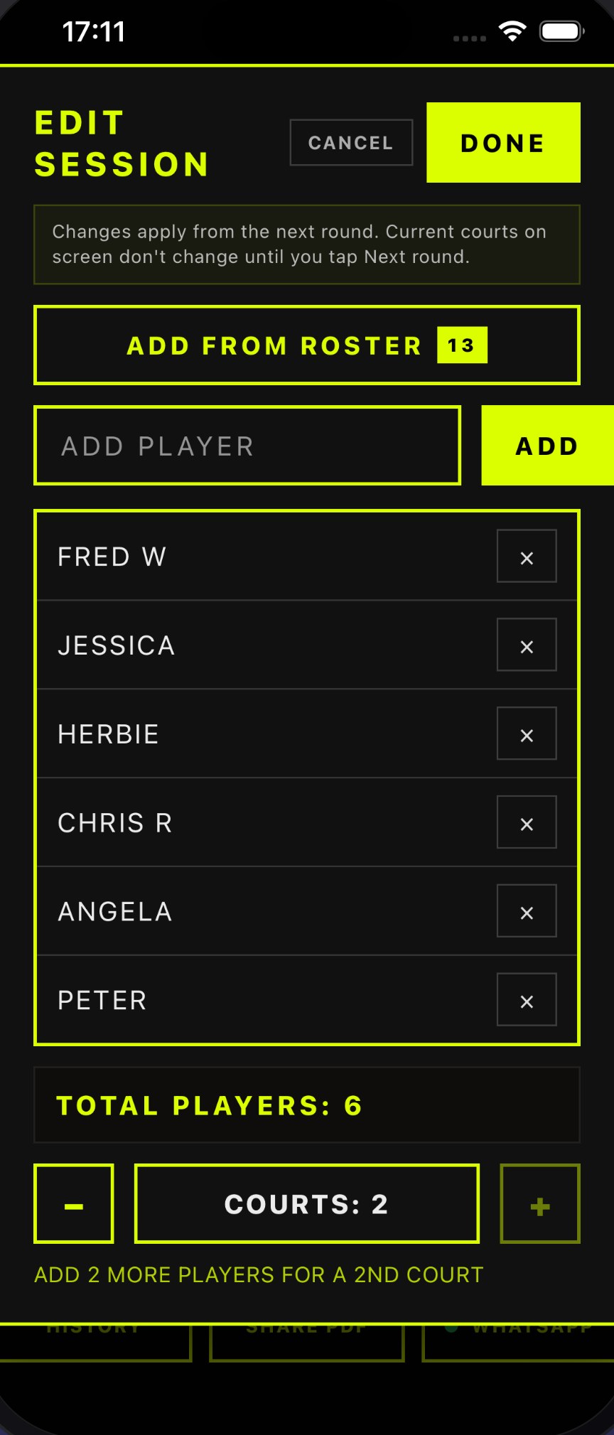 Pickleball Rotator edit session screen with six players, add player controls and a court count selector