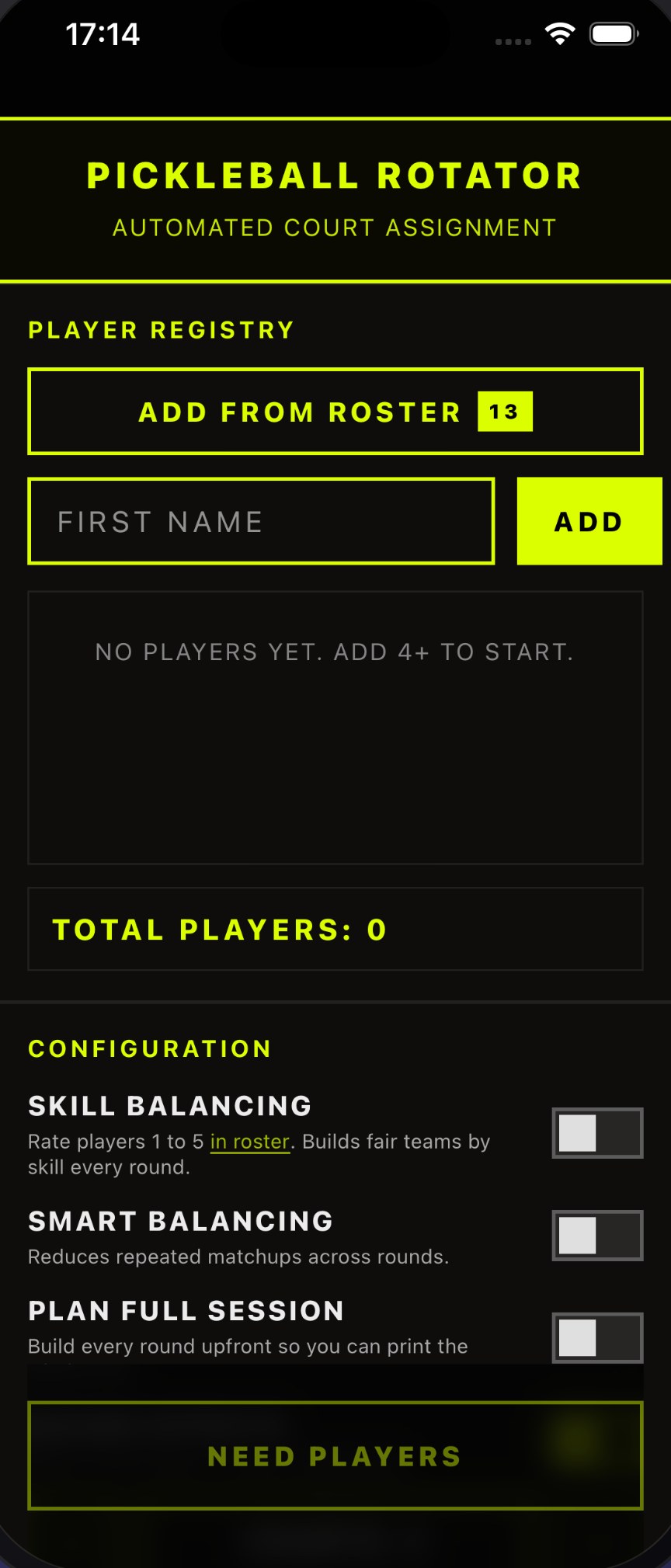 Pickleball Rotator setup screen with an empty player registry and Skill Balancing, Smart Balancing and Plan Full Session controls