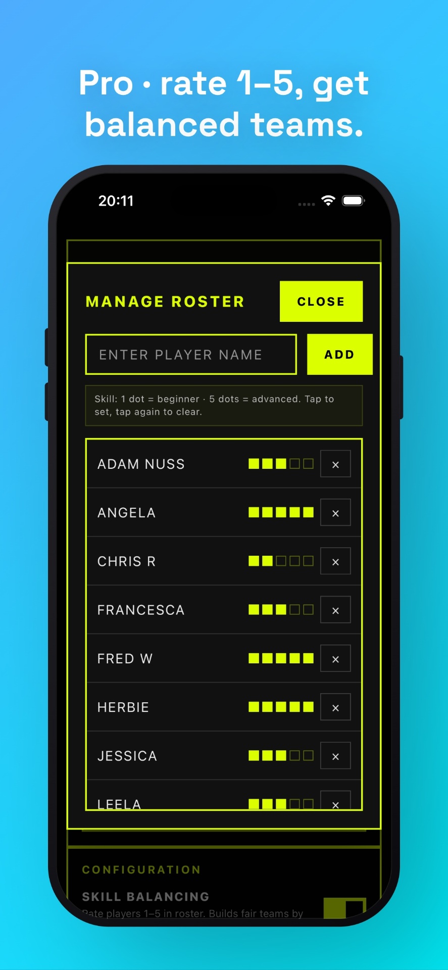 Pickleball Rotator manage roster screen with skill ratings shown as 1-5 yellow dots per player
