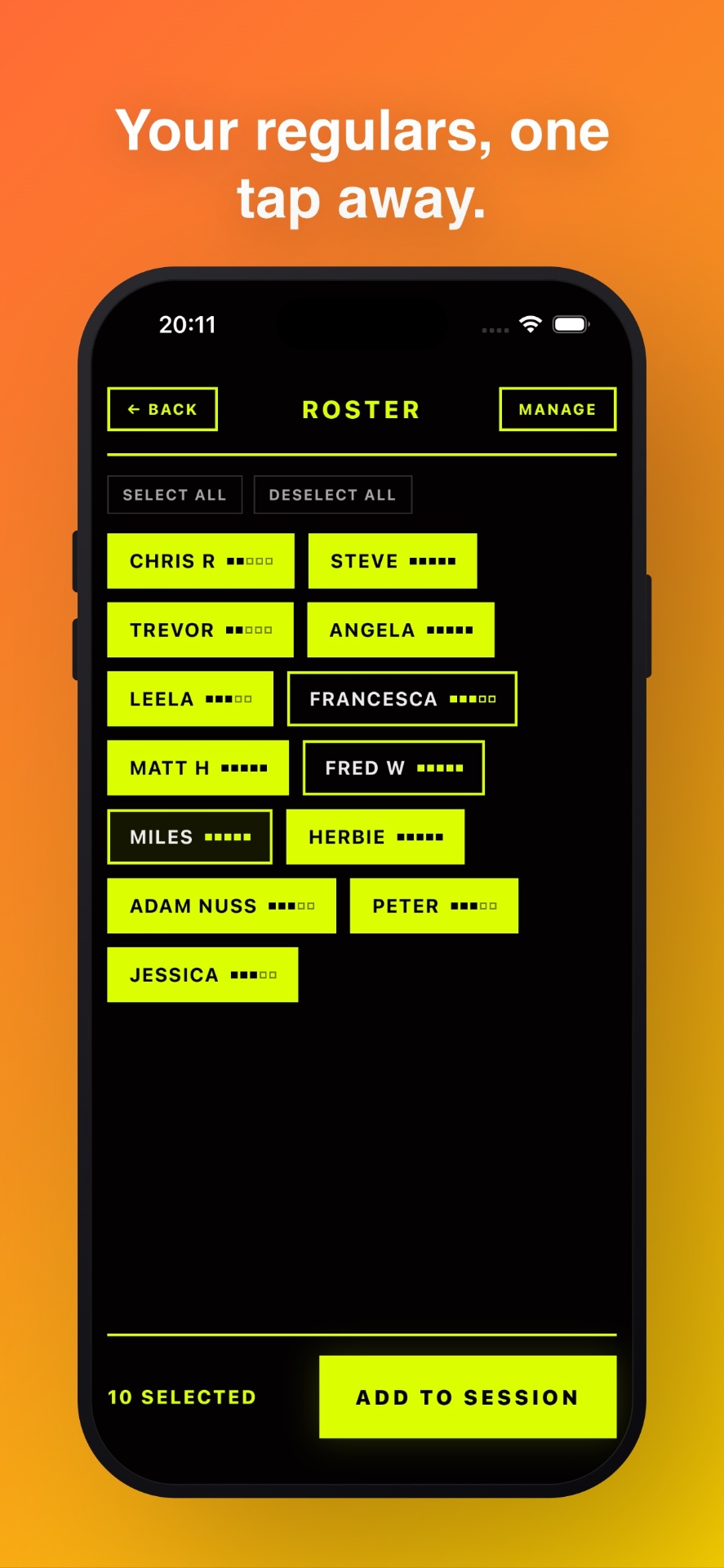Pickleball Rotator roster screen with saved regulars and skill dots on a tap-to-select grid